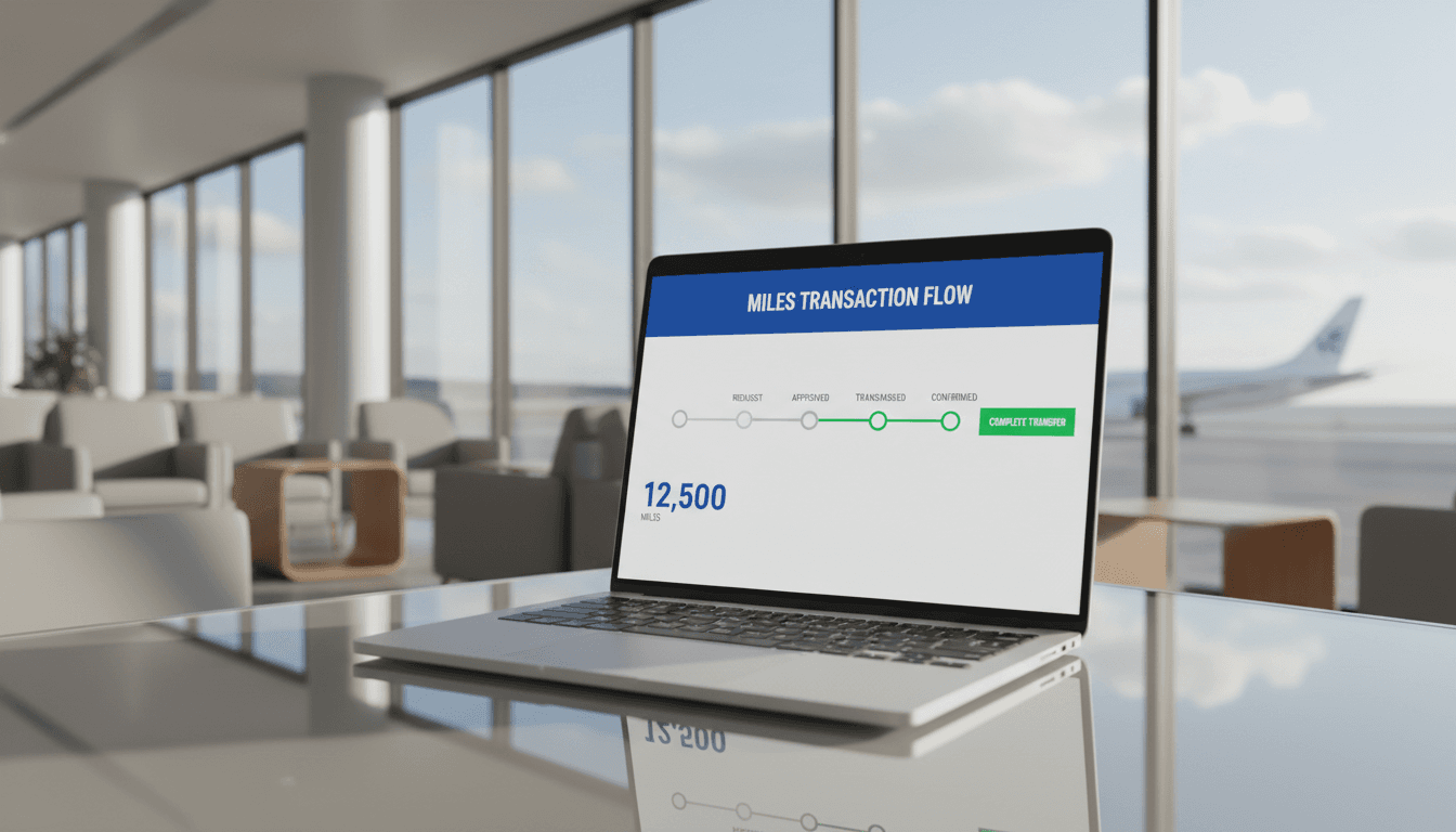 Fintech dashboard showing miles transaction interface in a modern airport lounge setting