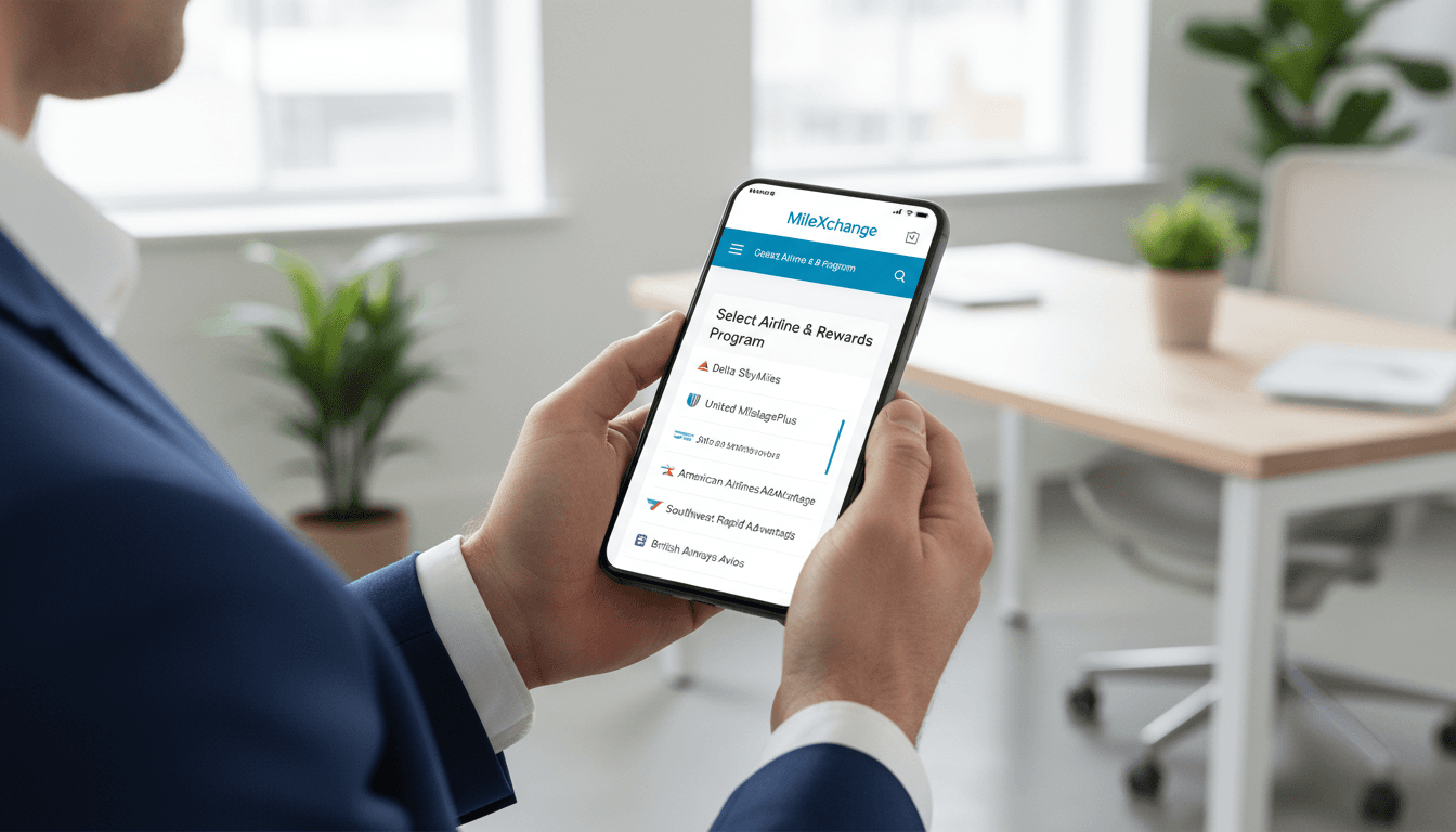 Smartphone displaying MileXchange website with airline program dropdown in a modern office setting